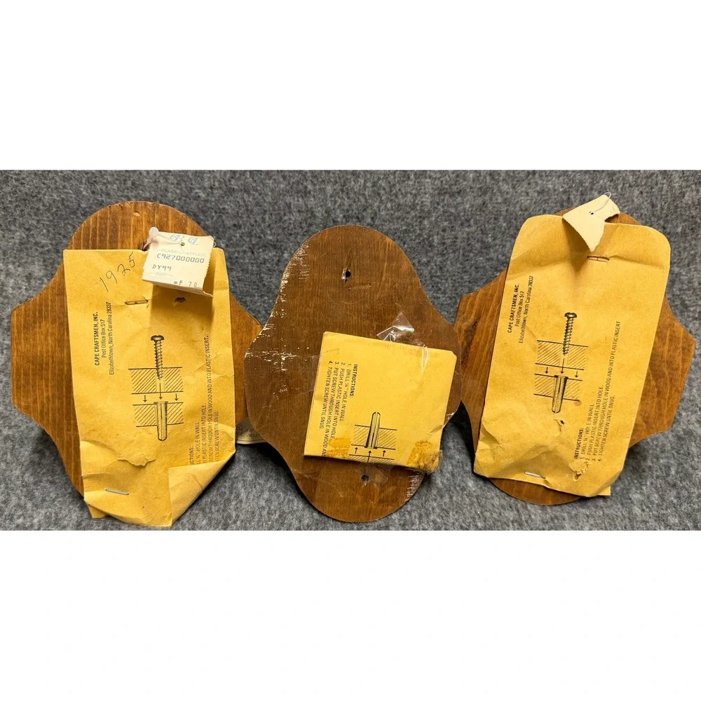 Cape Craftsmen Wood Brass Wall Hooks Set of 3 Vintage Plaque Coat Hat Hangers
